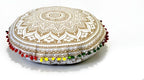 Round Mandala Floor Pillow Cover Seating Cushion Throw Cover Hippie Decorative Bohemian Ottoman Pouf Cover, Pom Pom Pillow Cases,Boho Indian 22 Inches (White Gold)