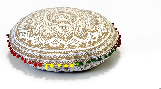 Round Mandala Floor Pillow Cover Seating Cushion Throw Cover Hippie Decorative Bohemian Ottoman Pouf Cover, Pom Pom Pillow Cases,Boho Indian 22 Inches (White Gold)