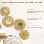 4 Pack Hanging Baskets Wall Art - Decorative Woven Lafite Basket Boho Wall Hanging, Rustic Round Mirrors Natural Coastal Home Decor Set for Bedroom Living Room Nursery