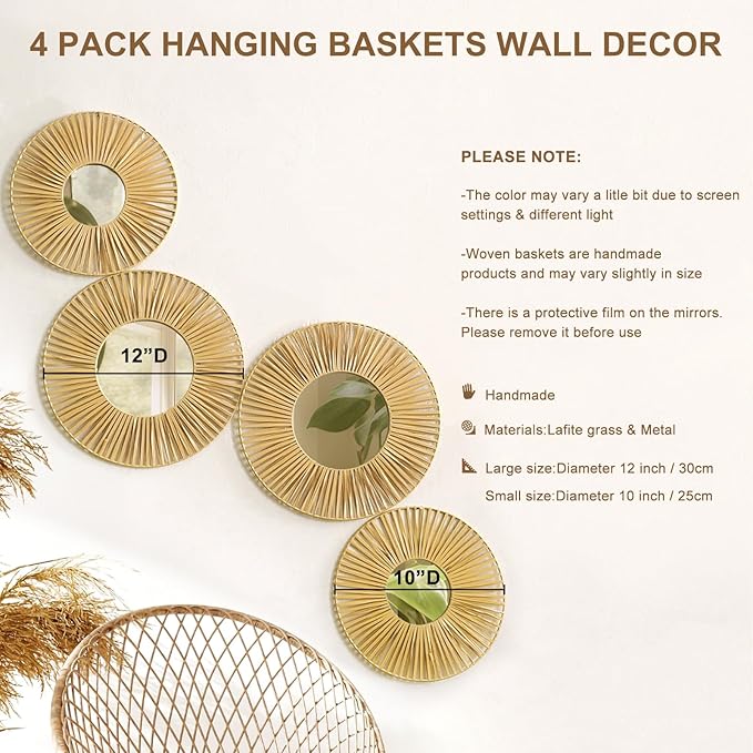 4 Pack Hanging Baskets Wall Art - Decorative Woven Lafite Basket Boho Wall Hanging, Rustic Round Mirrors Natural Coastal Home Decor Set for Bedroom Living Room Nursery