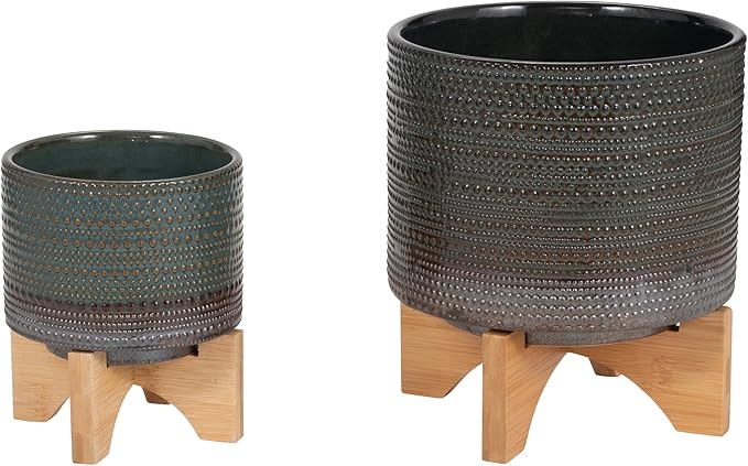 Dotted Decorative Planter Pot with Wood Stand – Ceramic Stoneware Outdoor & Indoor Plant Pot with Drainage Holes – Modern Garden & Home Decor Ceramic Planters & Bamboo Wood – 8", Sage Green