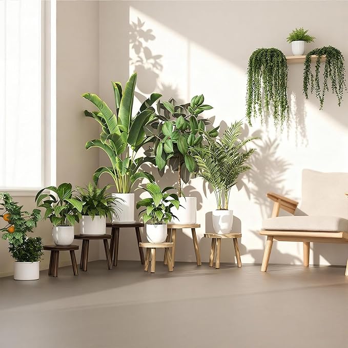 3 Pack Plant Stand Indoor Outdoor Mid-Century Modern Plant Stool Wooden Plant Pot Holder Home Decor for Gardening Living Room,Balcony,Office (Light Burnt Color, 3 Pack)