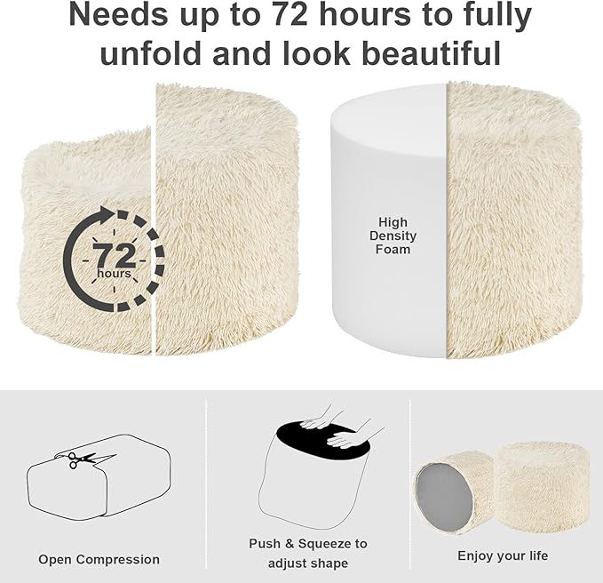 Hansleep Round Pouf Ottoman Foot Rest, 20 x 15 Small Faux Fur Stuffed Pouf for Chair, Foam Filled Foot Stools Ottomans for Living Room, Beige