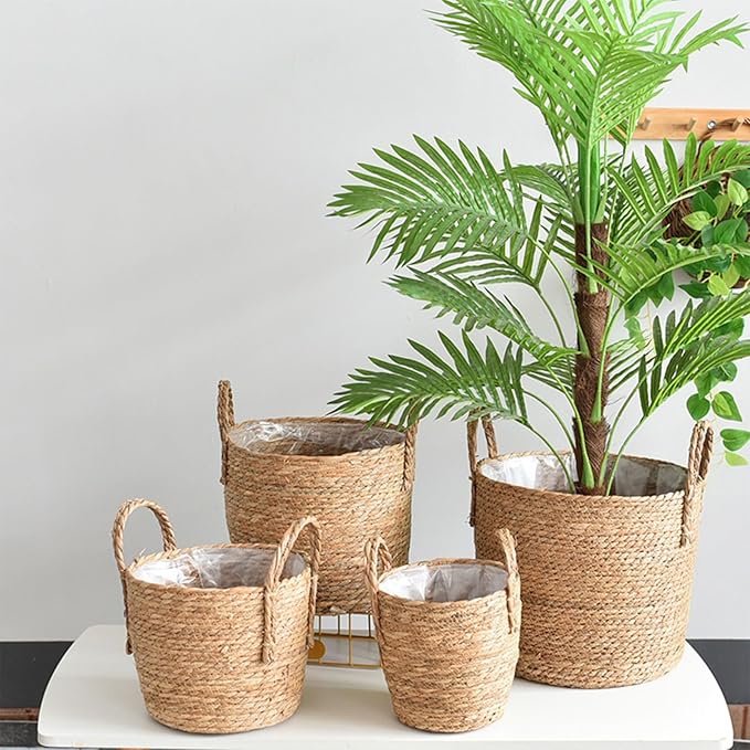 Straw Flower Pots, Plant Baskets Indoor, Basket Planter, Versatile Rattan Grass Woven Flower Planter, Plant Pot for Living Room Balcony Garden Decoration,Indoor & Outdoor