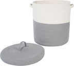 Large Storage Basket with Lid 60L, 16"Wx18"H Woven Laundry Hamper Basket with Handle, Room Decor Cotton Rope Wicker Basket Toy Organizer Bins for Clothes Blankets Pillows, Gray/White Mix includes Lid