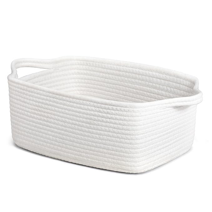 CHICVITA Storage Basket for Gifts, Small Gift Baskets Empty for Baby Showers, Decorative Cotton Rope Basket with Handles, Baby Toy Baskets for Shelves, 13 x 9.8 x 5 inches, White