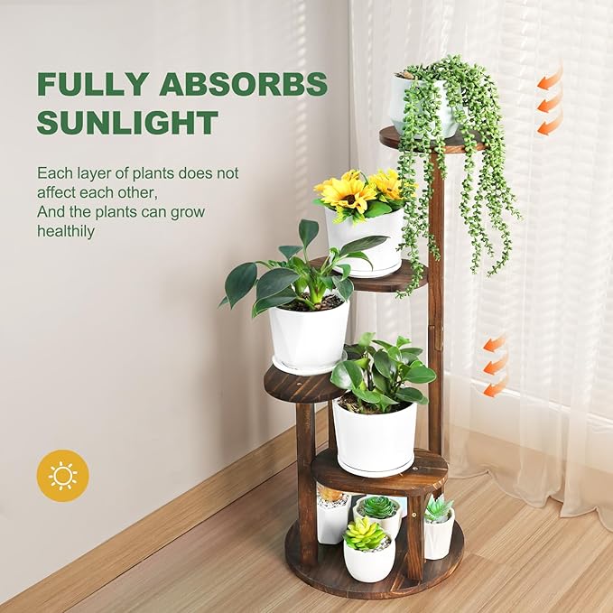 4 Tier Tall Plant Stand Indoor, Wood Corner Plant Shelf for Multiple Plants, Sturdy Oval Tiered Flower Pot Holder Display Rack for Living Room Balcony Patio,Carbonized Wood