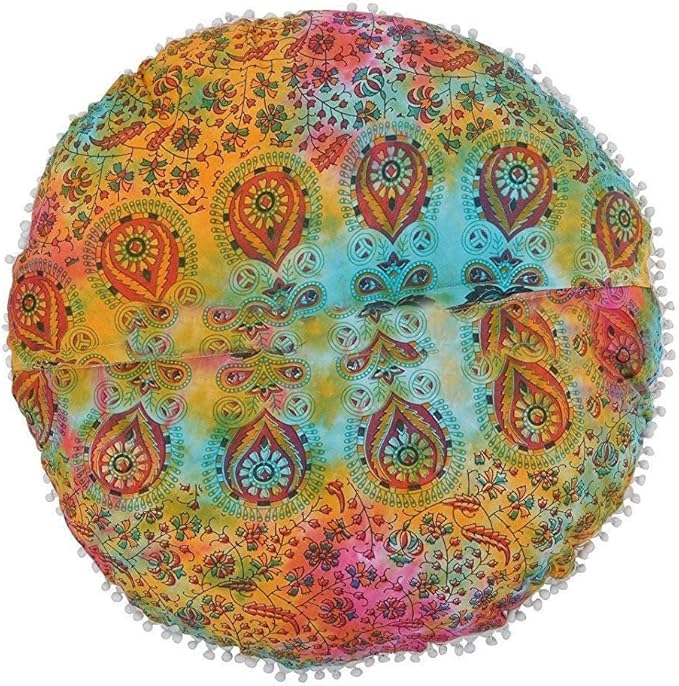 Indian Mandala Decor Floor Pillow Meditation Seating Throw Hippie Round Cushion Cover Decorative Pouf Cover Bohemian Ottoman Poufs with Pom Pom Pillow Cases Boho Dog Pets Bed