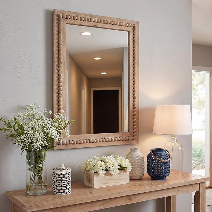 H HOMEWINS Rustic Wooden Mirror,22x30 Inch Farmhouse Boho Bathroom Rectangle Nursery Nature Beads Decor Wall-Mounted Mirror for Bedroom, Living Room,Vanity,Entryway,Over Sink