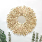 Boho Wall Mirror Decor - Raffia Straw Mirror Decor Round Handmade Wall Art for Children Room Decor Living Rooms Bedrooms Display Table Settings Home Kitchen 18in (Mirror)