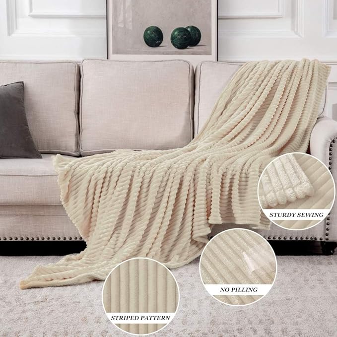 MIULEE Beige Throw Blanket 3D Ribbed Jacquard Fleece Flannel Velvet Plush Decorative Bed Blanket (Throw, 50" x 70") - Super Soft, Lightweight, Warm and Cozy for Couch Sofa