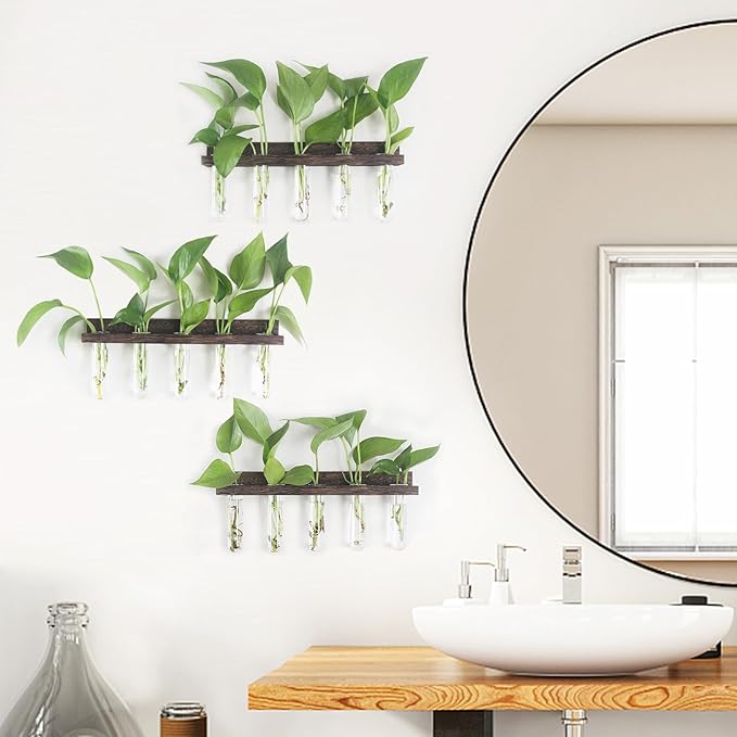 Plant Propagation Station Tubes, 3 Tiered 15 Wall Hanging Glass Test Tubes Vase Planter for Hydroponic Home Garden Office Decor, Gardening Gifts for Women Plant Lover - Brown