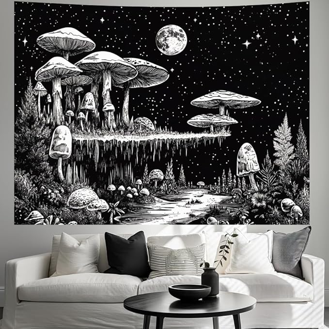 Yuiqear Black and White Mushroom Tapestry Fantasy Plant Floral Tapestries Moon Star Tapestries Starry Sky Tapestry Wall Hanging for Bedroom Decor