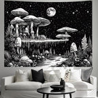Yuiqear Black and White Mushroom Tapestry Fantasy Plant Floral Tapestries Moon Star Tapestries Starry Sky Tapestry Wall Hanging for Bedroom Decor
