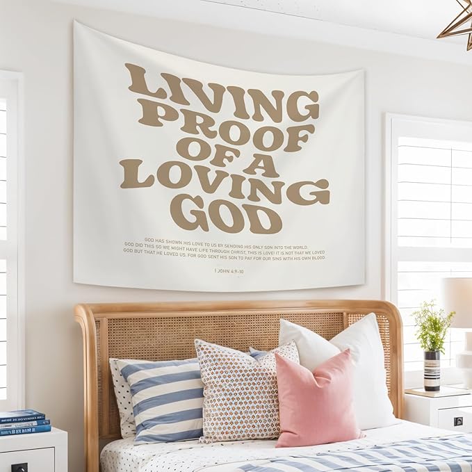 STHTTSW Christian Tapestry, Living Proof Of A Loving God Bible Verse Tapestries, Religious Scripture Wall Hanging Decor for Nursery Church Prayer Room Home Office, 50x60 Inch