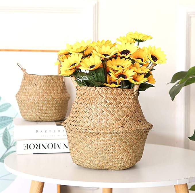 Casaphoria Woven Seagrass Belly Basket for Storage Plant Pot Indoorb,Decorative Sturdy and Durable Natural Material Sea Grass Baskets with Handles,Seaweed Round Basket for Organizing(Small)
