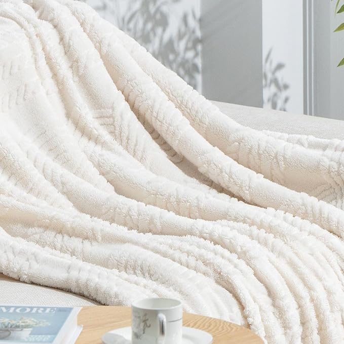 EverGrace Cable Jacquard Sherpa Fleece Throw Blanket for Couch, Super Soft Cozy Fuzzy Plush Blankets for All Seasons, Reversible Thick Warm Blanket for Bed, Sofa, Living Room, Ivory White, 50" x 60"