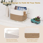 Goodpick Woven Storage Basket for Shelves, Medium Empty Gift Basket with Handles, Square Wicker Dog Toy Baskets, White and Jute Storage Bin, 13 x 10 x 9 Inches