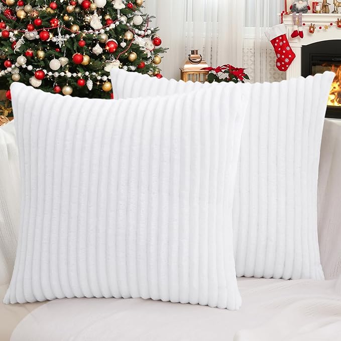 Simmore Decorative Spring Euro Sham Throw Pillow Covers 24x24 Set of 2, Soft Natural Plush Flannel Double-Sided Fluffy Couch Pillow Covers for Sofa Living Room, White
