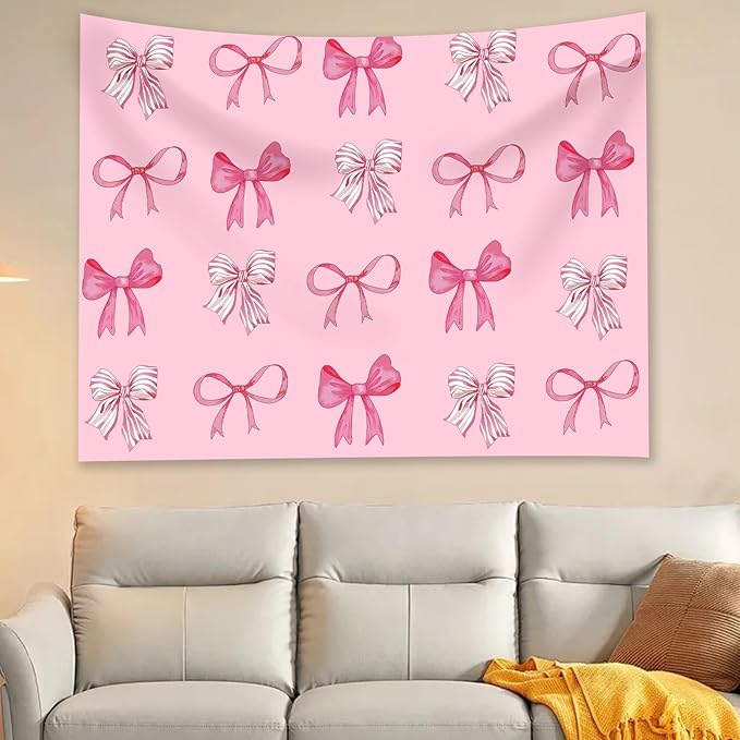 Pink Bow Tapestry - Coquette Pink Bow Tapestries, Girly Aesthetic Wall Hanging, Wall Blanket Room Decor, Bow Knot Aesthetic Bedroom Decor for Teen Girls Room, Bedroom, Dorm, Apartment Decor - 50 x 60 Inches
