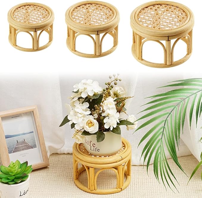 Rattan Plant Stands,Small Boho Rattan Wicker Round Riser Plant Stand,Indoor Flower Pot Stand,Decorative Flower Shelf Bonsai Rack Garden Plant Pot Riser Holder