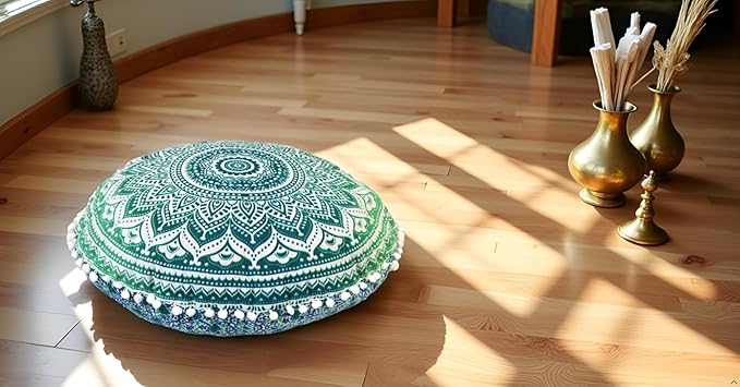 CRAFT KALA 22" IN Round Mandala Floor Pillow Cushion Cover Seating Throw Cover Hippie Decorative Bohemian Ottoman Poufs Cover Pom Pom Pillow Cases Boho Indian Cotton Living Room Home Décor Green Ombre