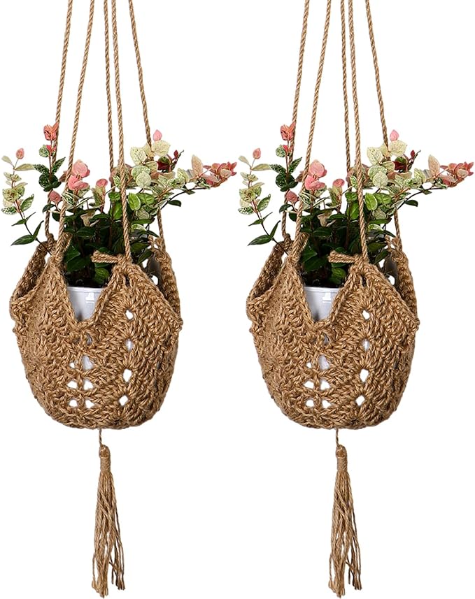 Macrame Plant Hangers Jute Crochet Plant Hanger Indoor with 2 Hooks Hanging Planter Basket Flower Pots Holder for Boho Home Décor 2Pcs