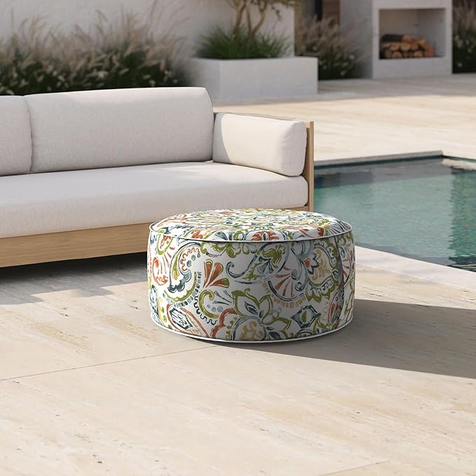 Inflatable Ottoman Stool D21 xH9 for Outdoor/Indoor Use, Water Repellent Patio Foot Rest with Portable Handle,Round Pouf Ottoman Suitable for Garden,Deck and Camping-Paisley Botanical