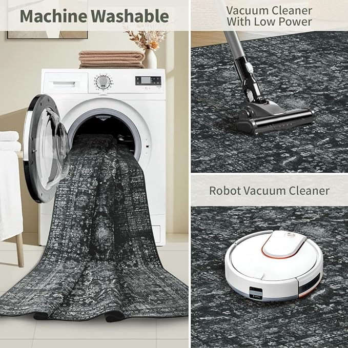 4x6 Rug for Living Room Bedroom, Black Washable Throw Rugs, Vintage Retro Boho Area Rugs, Non Slip & Low Pile Accent Throw Carpet for Indoor Dining Room, Kids Room and Office(Black 4x6ft)