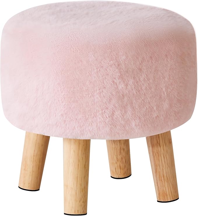 YMYNY Round Pouf Ottoman Small Foot Stool Faux Fur Foot Rest for Couch Modern Boho Footstools with Wood Legs for for Living Room Bedroom Office 12.6" D×12.6" W×12.6" H Pink UHBD035P