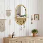 Wall Mirror with Hooks, 22x14 Inch Boho Wall Mirror with Removable Shelf, Oval Solid Wood Framed, Handmade Rattan Mirror Decor Accent for Entryway, Bathroom, Nursery, Bedroom, Living Room