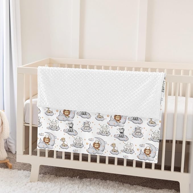Sleepy Safari Baby Blankets for Girl Boy Lion Elephant Hippo Giraffe Moon Clouds Stars Soft Mink Dotted Backing Double Layer Swaddle Blanket African Jungle Animal Bed Throw for Newborn Toddler 30x40