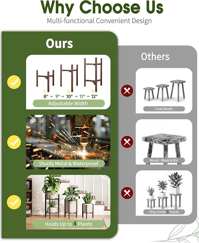 3 Pack Plant Stand Indoor Adjustable, Metal Modern Indoor Plant Stand, Heavy Duty Single Plant Stands Outdoor Corner, Stable Plant Holder Indoor Stand, Fits 8 to 12 Inches Pots, Walnut Wood-Grain