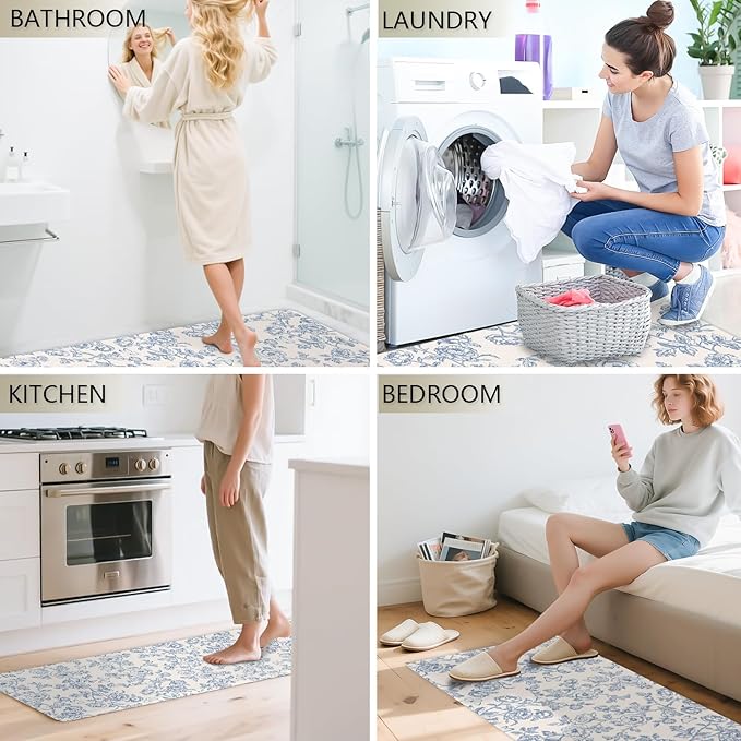 Flower Rugs for Kitchen Floor, 2PCS Anti Fatigue Mats for Kitchen Floor Rubber Non Slip, Washable Cushioned Carpet Rug for Sink Laundry Gifts for Christmas 15.7"×27.5" +15.7"×47" 3.5mm BlueFloral