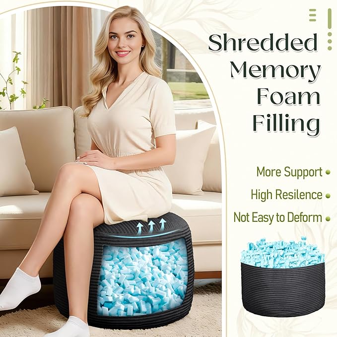Round Corduroy Ottoman Foot Rest Pouf for Living Room Couch - Soft Plush Shredded Foam Filled Hassock Stool, Comfy Footstool