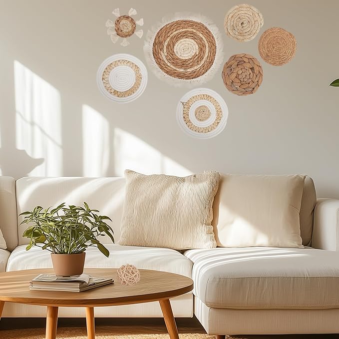11Pcs Boho Wall Basket Decor, Round Hanging Rattan Wall Decor Flat Woven Basket Wall Hanging Decor, Tassels White Seagrass Wicker Boho Baskets Decoration Art for Farmhouse Bedroom Living Room