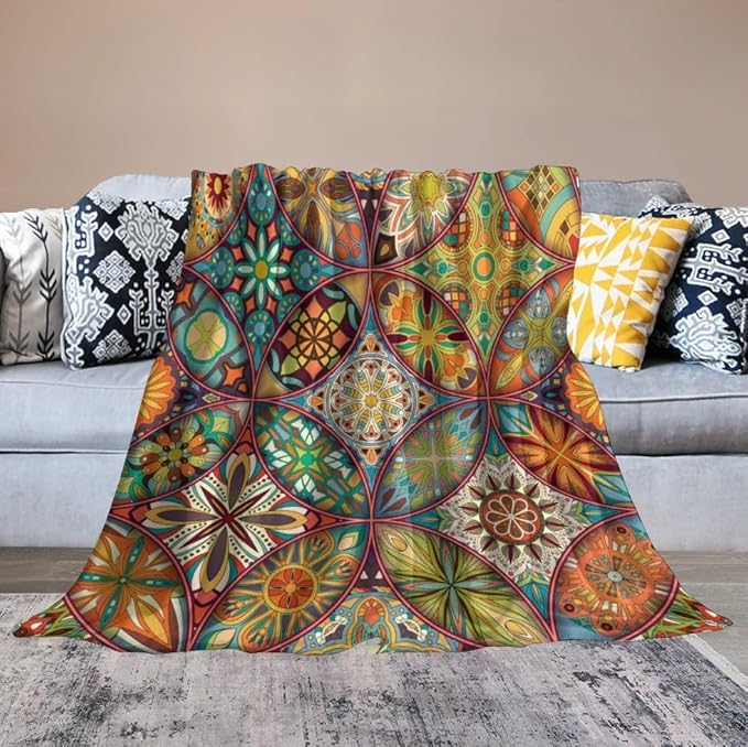 Boho Floral Throw Blanket Colorful Mandala Bohemian Indian Hippie Vintage Blanket for Sofa Bed Couch Chair or Dorm 70"x80"