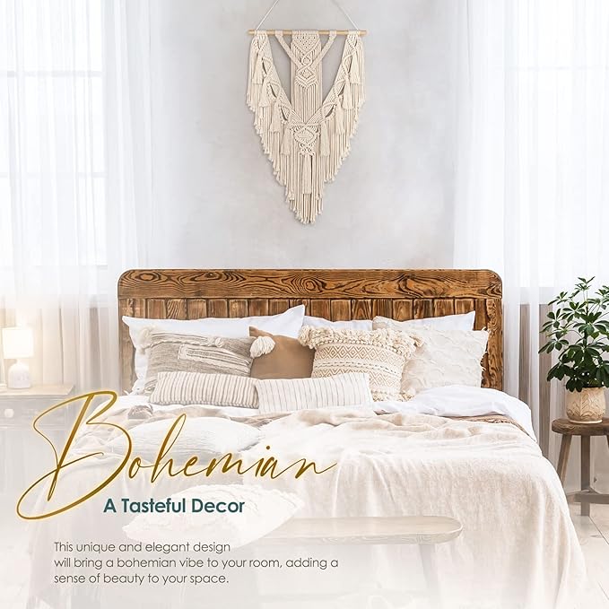 ANROYE Macrame Boho Wall Hanging Decor, Geometric Woven Tapestry Chic Cotton Handmade Bohemian Art with Long Tassel, Craft Ornament for Dorm Home Bedroom Western Room Decoration Gift for Women