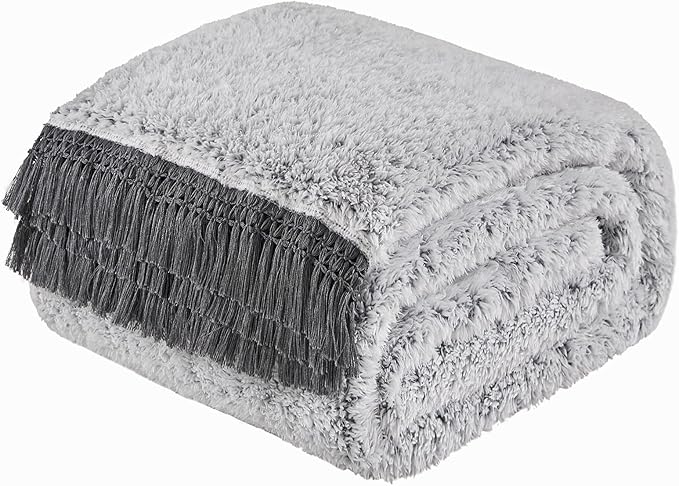 EMME Soft Sherpa Fleece Blanket with Tassel, Reversible Plush Fluffy Large Blanket, Light Weight Warm Decorative Boho Blanket Cover for Sofa, Couch, Bedroom,Travel(Tassel Grey,108"x90")