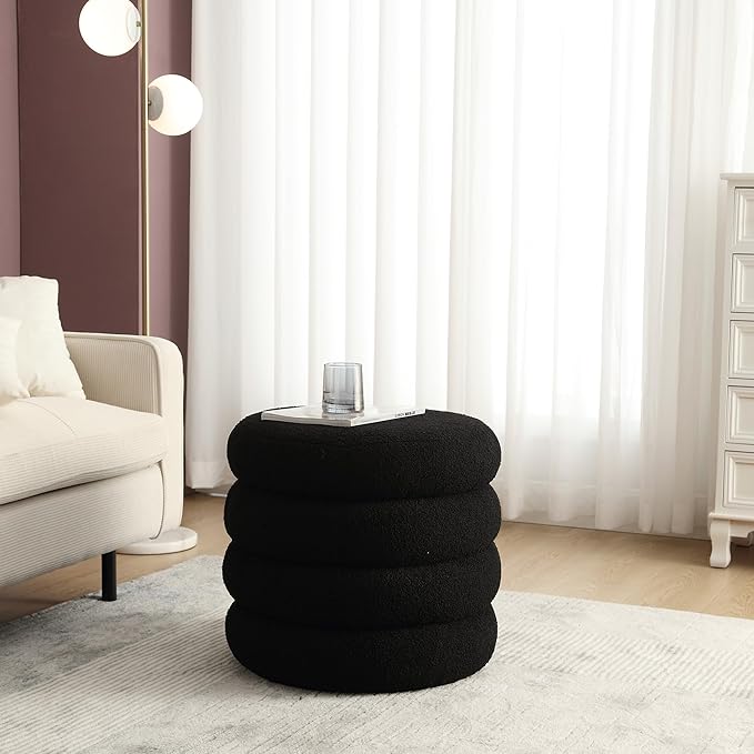 Flouki 19.5" Storage Ottoman Round, Vanity Stools for Bedroom, Sherpa Pouf Ottoman with Removable Lid, Modern Ottoman Stool for Girls Women, Foot Stool for Living Room, Black