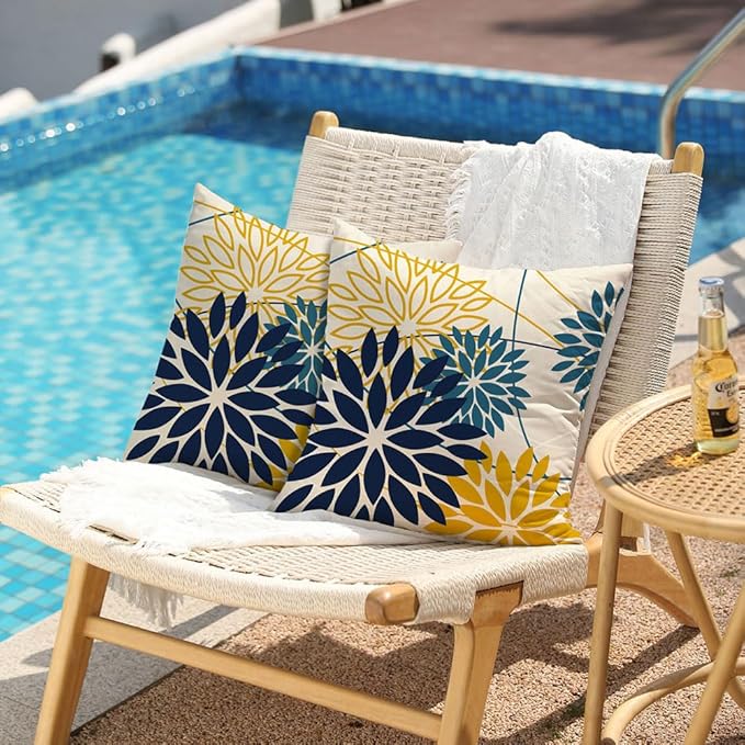 DFXSZ Blue Yellow Flower Pillow Covers 16x16 Inch Set of 2 Outdoor Throw Pillows Outdoor Waterproof Decor for Living Room Sofa Patio Funiture Garden Floral Polyester Pillow Covers 01P16