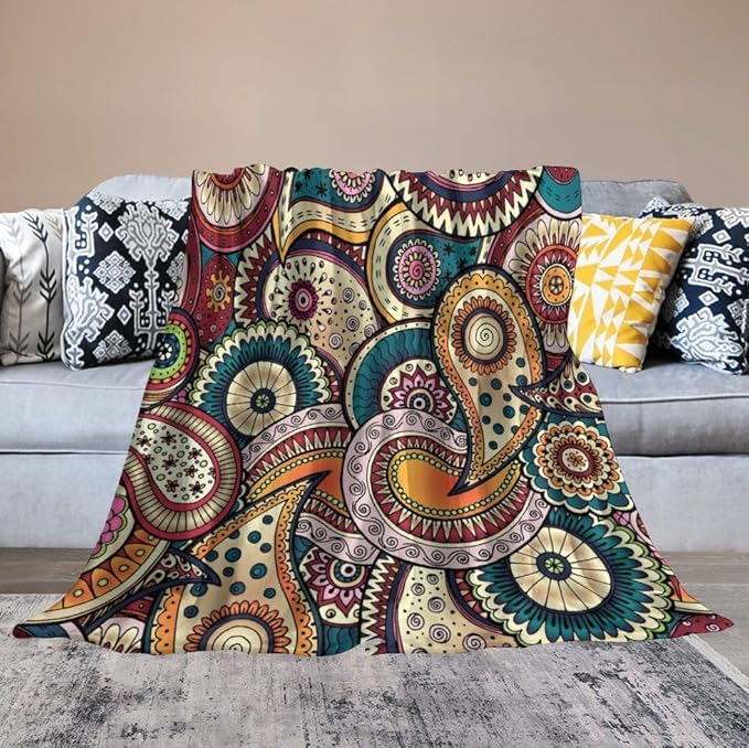 Indian Boho Throw Blanket Mandala Design Colorful Bohemian Floral Paisley Blanket for Sofa Bed Couch Chair Or Dorm 50"x60"
