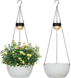 SUNNYPARK 2 Packs Hanging Planters Basket for Outdoor Plants, Solar Powered Self Watering White Round Plastic Flower Pots with Drainer for Balcony Patio Garden Outdoor Decoration