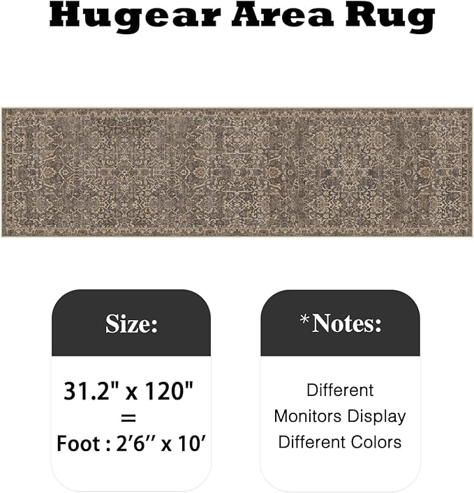 HUGEAR 2'6''x10 Runner Rug Machine Washable Retro Brown Hallway Area Rug Indoor Vintage Rug Floral Low Pile Carpet Soft Throw Rug Bedroom Living Room Office Dining Room Kitchen Laundry Room Non Slip