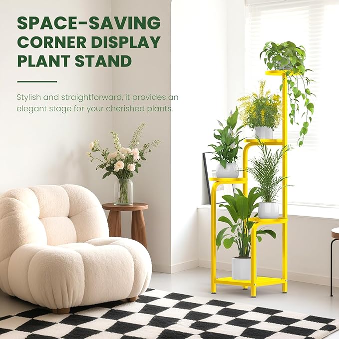 TOSKING 5 Tier Tall Plant Stand Indoor Outdoor,Anti-Tip Plant Stand indoor, Wide Base for Pots, Child and Pet Friendly,Heavy Duty Corner Shelf for Plants & Decor, Space Saving ,Tiered Metal Flower Pot Stand for Balcony, Garden, Living Room, Patio (Yell...