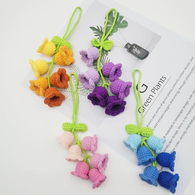 Car Rearview Mirror Hanging Ornament, Crochet Flower Basket Plant Accessory, Handmade Knitted Car Ornament Boho Accessory for Women (Lily of The Valley(Purple))
