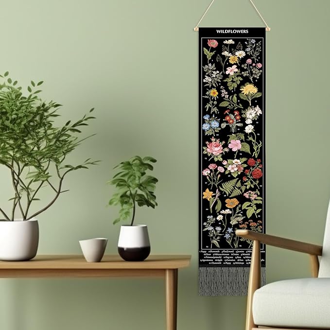 Geetery Vintage Floral Vertical Tapestry Wall Hanging Decor Long Flower Narrow Botanical Fabric Wall Art Hanging Reference Illustrative Tassel Tapestry for Bedroom Living Room Home Decor Gift(Black)