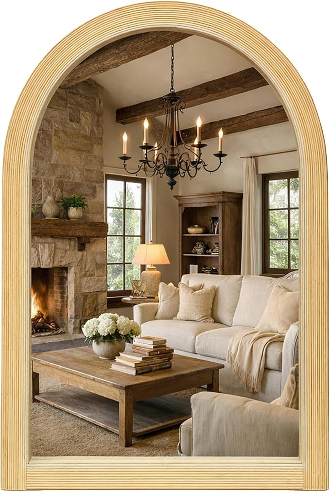 24" x 36" Arched Wall Mirror, Handwoven Natural Bamboo (Warm Tone) Strip Frame, 2-Inch Deep Textured Design, Boho Coastal Mirror for Entryway, Bedroom, Living Room, Vertical Hanging