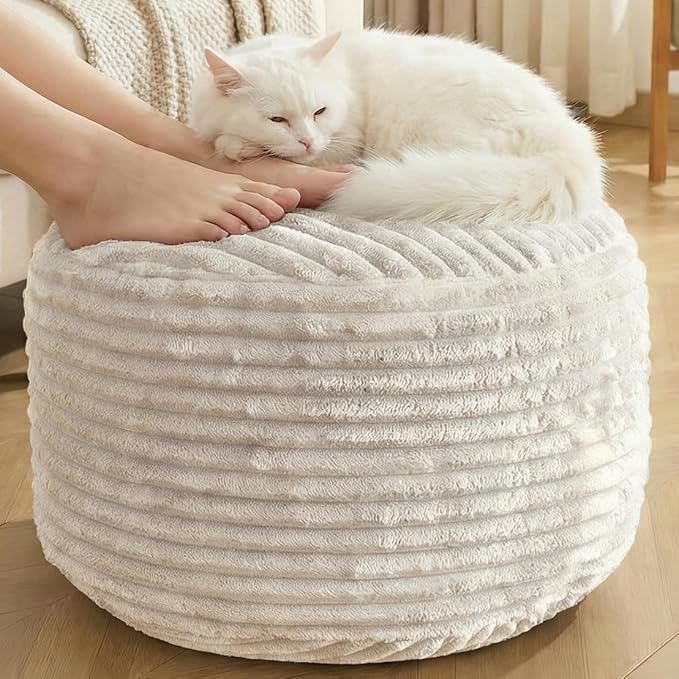 Round Pouf Ottoman,Corduroy Poufs with Memory Foam Filling for Foot Rest,Soft Footstool for Living Room,Office,20"x 15",Beige