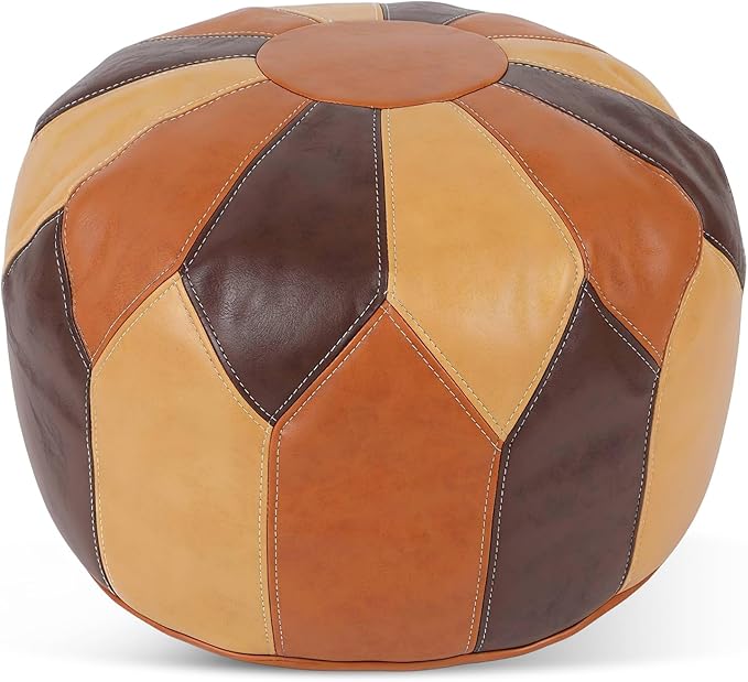 Crystalberry 21in × 21in × 13in Unstuffed Moroccan Pouf Ottoman with Storage Round Faux Leather Boho Footrest Foot Stool Cover Waterproof Poofy Ottoman Cover for Living Room Bedroom Patio